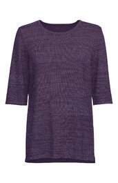 Damenpullover in dunkellila, feines Strukturmuster, Rundhalsausschnitt, halblange Ärmel, gerade geschnitten