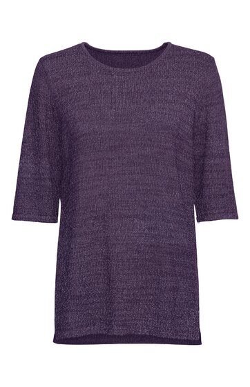 Damenpullover in dunkellila, feines Strukturmuster, Rundhalsausschnitt, halblange Ärmel, gerade geschnitten