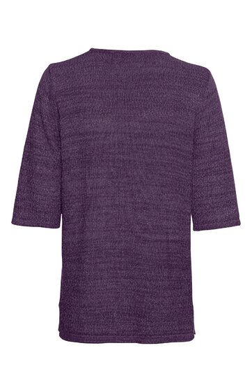 Damenpullover in dunkellila, unifarben, Rundhalsausschnitt, halblange Ärmel, gerade geschnittener Saum