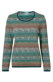 Langärmliger Pullover in Grün und Braun mit buntem Streifenmuster, rundem Ausschnitt, gerade geschnitten