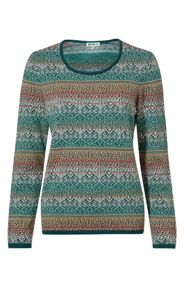 Langärmliger Pullover in Grün und Braun mit buntem Streifenmuster, rundem Ausschnitt, gerade geschnitten