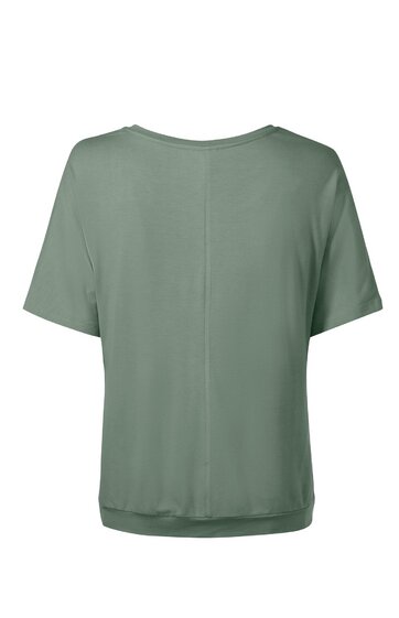 Locker geschnittenes T-Shirt in salbeigrün, kurzen Ärmeln, Rundhalsausschnitt, durchgängige Mittelnaht auf der Rückseite, gerade geschnittener Saum