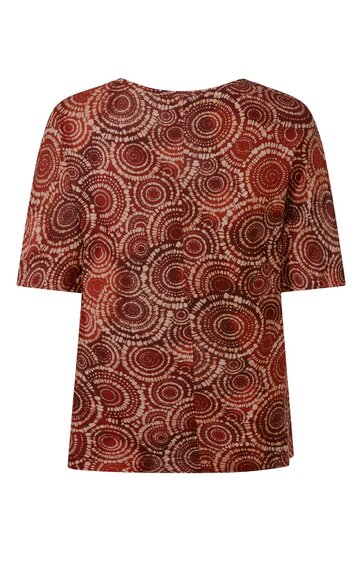 Braunes Damenoberteil mit weißen und roten konzentrischen Kreismustern, Rundhalsausschnitt, kurze Ärmel, gerade geschnittener Saum, lockere Passform