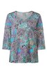 Damenoberteil in Türkis und Flieder mit dunklem floralem Muster, Rundhalsausschnitt, dreiviertellange Ärmel, lockere Passform