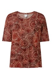 Kurzärmliges Oberteil in Rostrot mit kreisförmigem Muster in Hellbraun und Dunkelbraun, Rundhalsausschnitt, gerade geschnitten