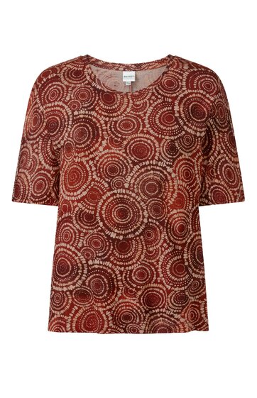 Kurzärmliges Oberteil in Rostrot mit kreisförmigem Muster in Hellbraun und Dunkelbraun, Rundhalsausschnitt, gerade geschnitten