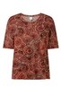 Kurzärmliges Oberteil in Rostrot mit kreisförmigem Muster in Hellbraun und Dunkelbraun, Rundhalsausschnitt, gerade geschnitten