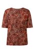 Braunes Damenoberteil mit weißen und roten konzentrischen Kreismustern, Rundhalsausschnitt, kurze Ärmel, gerade geschnittener Saum, lockere Passform
