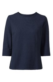 Dunkelblaues T-Shirt mit Rundhalsausschnitt, dreiviertellangen Ärmeln, gerade geschnitten, ohne Muster oder Verzierungen