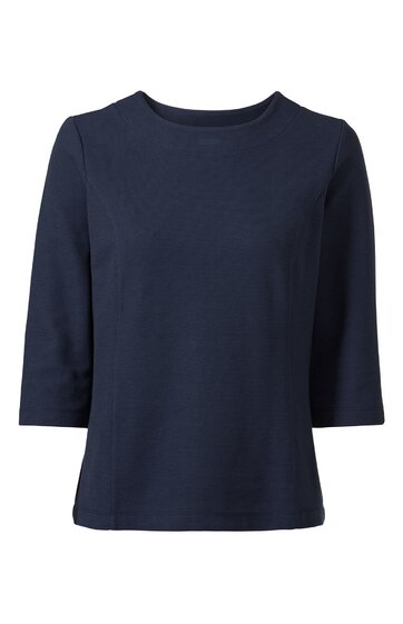 Dunkelblaues T-Shirt mit Rundhalsausschnitt, dreiviertellangen Ärmeln, gerade geschnitten, ohne Muster oder Verzierungen