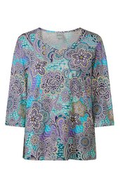 Damenoberteil in Türkis und Flieder mit dunklem floralem Muster, Rundhalsausschnitt, dreiviertellange Ärmel, lockere Passform