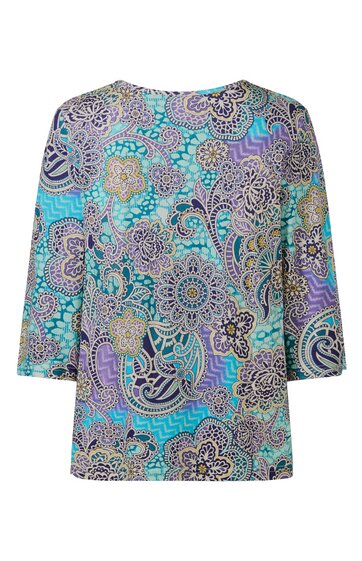 Damenbluse in Türkis mit abstraktem Paisley- und Blumenmuster in Lila, Blau und Beige, Rundhalsausschnitt, 3/4-Ärmel, lockere Passform