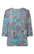 Damenbluse in Türkis mit abstraktem Paisley- und Blumenmuster in Lila, Blau und Beige, Rundhalsausschnitt, 3/4-Ärmel, lockere Passform