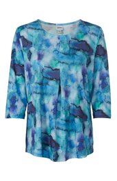Damenoberteil in unterschiedlichen Blautönen, abstraktes Aquarellmuster, Rundhalsausschnitt, 3/4-Ärmel, gerade geschnitten