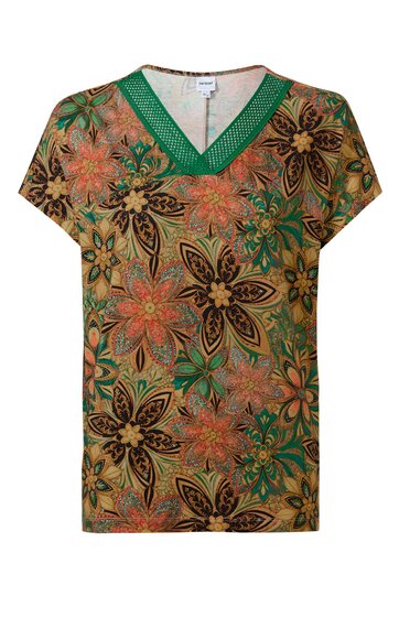 Kurzärmeliges T-Shirt in beige mit großen Blumenmustern in orange, dunkelbraun und grün, grün gerippter V-Ausschnitt, gerade geschnitten