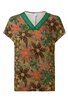 Kurzärmeliges T-Shirt in beige mit großen Blumenmustern in orange, dunkelbraun und grün, grün gerippter V-Ausschnitt, gerade geschnitten