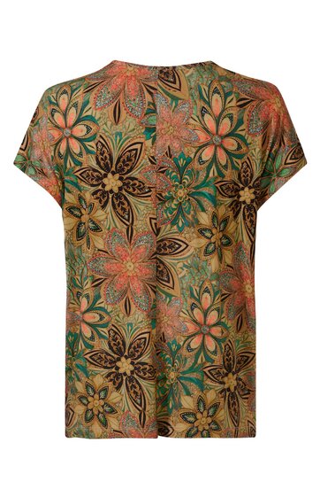 Kurzärmliges Damenoberteil in grün und braun mit floralem Blütenmuster, Rundhalsausschnitt, lockere Passform