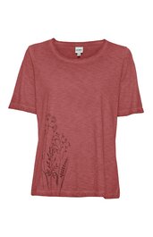 Rotes Damen-T-Shirt mit kurzem Arm, Rundhalsausschnitt, lockere Passform, dezentes Blumenmotiv auf der Vorderseite unten links