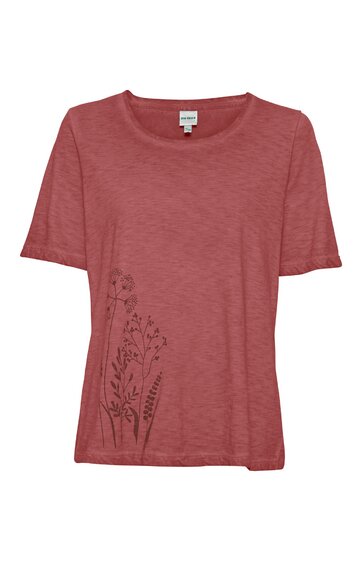 Rotes Damen-T-Shirt mit kurzem Arm, Rundhalsausschnitt, lockere Passform, dezentes Blumenmotiv auf der Vorderseite unten links