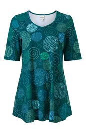Tunika für Damen in petrol mit rundem Ausschnitt, halblangen Ärmeln, ausgestellter Form, Muster aus verschiedenen Kreisen mit Punkt- und Spiraldetails in Hell- und Dunkelgrün
