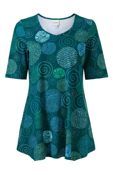 Tunika für Damen in petrol mit rundem Ausschnitt, halblangen Ärmeln, ausgestellter Form, Muster aus verschiedenen Kreisen mit Punkt- und Spiraldetails in Hell- und Dunkelgrün