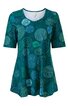 Tunika für Damen in petrol mit rundem Ausschnitt, halblangen Ärmeln, ausgestellter Form, Muster aus verschiedenen Kreisen mit Punkt- und Spiraldetails in Hell- und Dunkelgrün