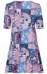Kurzärmeliges Kleid in Blau- und Rosatönen mit abstraktem Blumen- und Blättermuster, rundem Ausschnitt, leicht ausgestellte Form, knielang