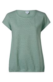 Olivgrünes kurzärmeliges Damenoberteil, fein kariertes Muster, Rundhalsausschnitt, gerade geschnitten