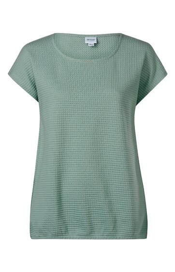 Olivgrünes kurzärmeliges Damenoberteil, fein kariertes Muster, Rundhalsausschnitt, gerade geschnitten