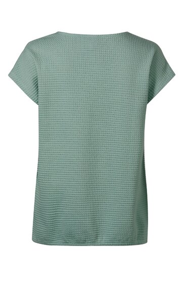Locker geschnittenes Kurzarmshirt in gedämpftem Salbeigrün, fein strukturiertes Waffelmuster, rundhals, gerade Form, keine sichtbaren Verzierungen