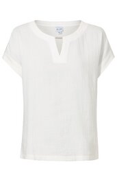 Weißes T-Shirt, unifarben, kurze Ärmel, Rundhals mit kleinem V-Schlitz, gerade geschnitten