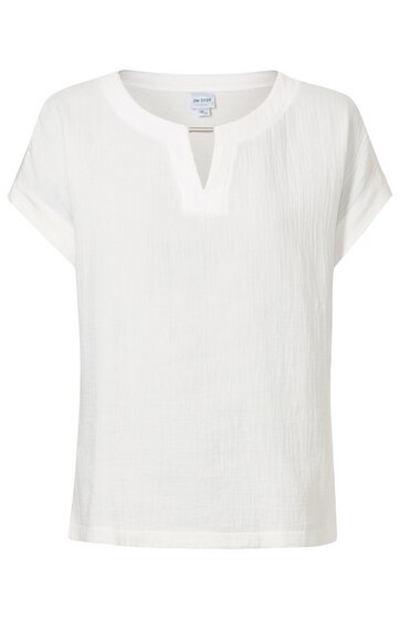 Weißes T-Shirt, unifarben, kurze Ärmel, Rundhals mit kleinem V-Schlitz, gerade geschnitten