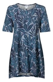 Blaues kurzärmliges Kleid mit dunkelblauem und grauem Blattmuster, Rundhalsausschnitt, leicht ausgestellt, knielang