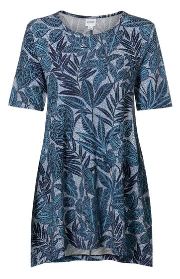 Blaues kurzärmliges Kleid mit dunkelblauem und grauem Blattmuster, Rundhalsausschnitt, leicht ausgestellt, knielang