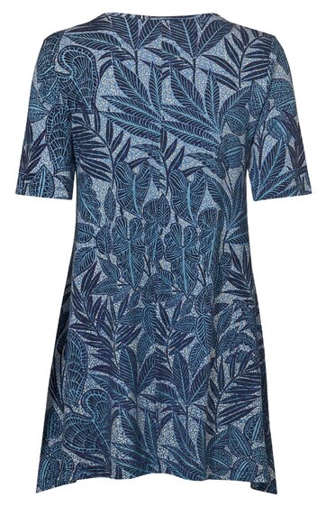 Kleid in Blau mit dunkelblauem und hellblauem Blattmuster, kurze Ärmel, runder Ausschnitt, taillierte Form, knielang, zwei seitliche Schlitze