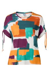 Kurzärmliges Damenoberteil in Weiß mit abstraktem Muster in Orange, Grün, Dunkelgrün und Dunkelviolett, Rundhalsausschnitt, Ärmel mit Tunnelzug und Schnur zum Verstellen