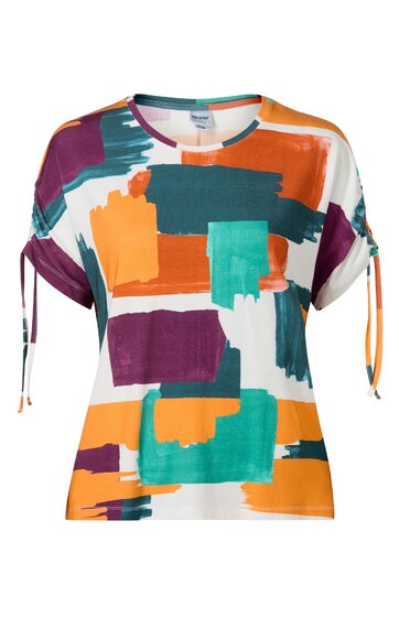 Kurzärmliges Damenoberteil in Weiß mit abstraktem Muster in Orange, Grün, Dunkelgrün und Dunkelviolett, Rundhalsausschnitt, Ärmel mit Tunnelzug und Schnur zum Verstellen