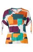 Kurzärmliges Damenoberteil in Weiß mit abstraktem Muster in Orange, Grün, Dunkelgrün und Dunkelviolett, Rundhalsausschnitt, Ärmel mit Tunnelzug und Schnur zum Verstellen