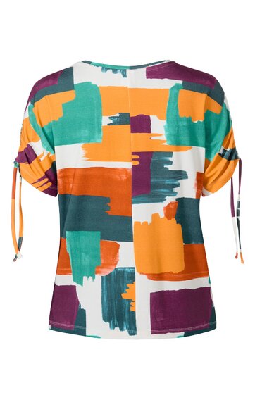 Kurzärmeliges Damenoberteil in Weiß mit abstraktem Muster in Orange, Türkis, Dunkelgrün und Violett, Rundhalsausschnitt, Ärmel mit Kordelzug zum Binden, gerade geschnitten