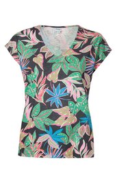 T-Shirt, dunkelgrau mit buntem floralen Muster in Grün, Blau, Rosa und Beerenrot, V-Ausschnitt, kurze Ärmel, gerade Form