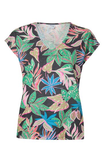 T-Shirt, dunkelgrau mit buntem floralen Muster in Grün, Blau, Rosa und Beerenrot, V-Ausschnitt, kurze Ärmel, gerade Form