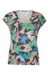 T-Shirt, dunkelgrau mit buntem floralen Muster in Grün, Blau, Rosa und Beerenrot, V-Ausschnitt, kurze Ärmel, gerade Form