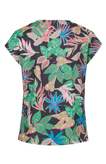 Damenbluse in Schwarz mit mehrfarbigem Blattmuster, kurzärmelig, rundhalsig, gerade geschnitten