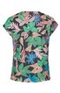 Damenbluse in Schwarz mit mehrfarbigem Blattmuster, kurzärmelig, rundhalsig, gerade geschnitten