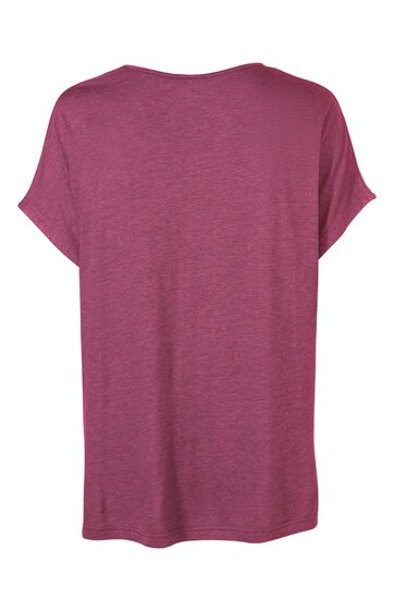 Weinrotes T-Shirt ohne Muster, kurze Ärmel, rundhalsausschnitt, lockere Passform, Rückansicht, schlichtes Design