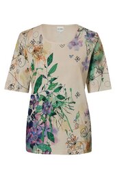 Beiges T-Shirt mit floralem Muster in Grün, Violett und Orange, Rundhalsausschnitt, kurze Ärmel, lockere Passform