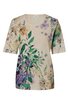 Beiges T-Shirt mit floralem Muster in Grün, Violett und Orange, Rundhalsausschnitt, kurze Ärmel, lockere Passform