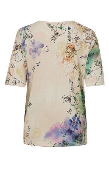 Hellbeiges T-Shirt mit kurzem Ärmel, abstraktem Blumen- und Pflanzenmuster in Lila, Grün, Orange und Schwarz, rundem Hals, gerade geschnitten