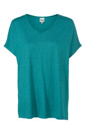 Türkisfarbenes T-Shirt, unifarben, kurze Ärmel, V-Ausschnitt, gerade geschnitten ohne sichtbare Verzierungen oder Muster