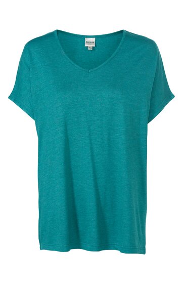 Türkisfarbenes T-Shirt, unifarben, kurze Ärmel, V-Ausschnitt, gerade geschnitten ohne sichtbare Verzierungen oder Muster
